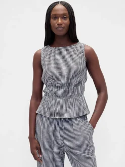 Cotton Gauze Smocked-Waist Peplum Top
