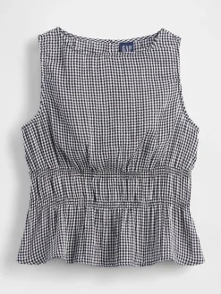 Cotton Gauze Smocked-Waist Peplum Top