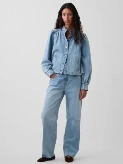 Denim Balloon-Sleeve Crop Swing Jacket