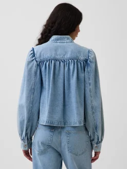 Denim Balloon-Sleeve Crop Swing Jacket