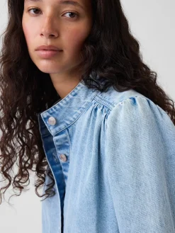 Denim Balloon-Sleeve Crop Swing Jacket