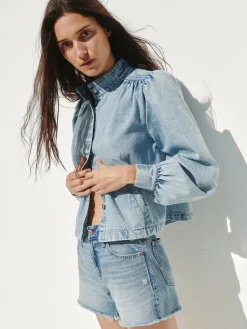 Denim Balloon-Sleeve Crop Swing Jacket