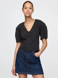 Denim Barrel-Sleeve Crop Shirt
