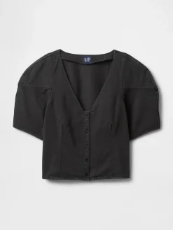 Denim Barrel-Sleeve Crop Shirt