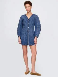 Denim Barrel-Sleeve Mini Dress