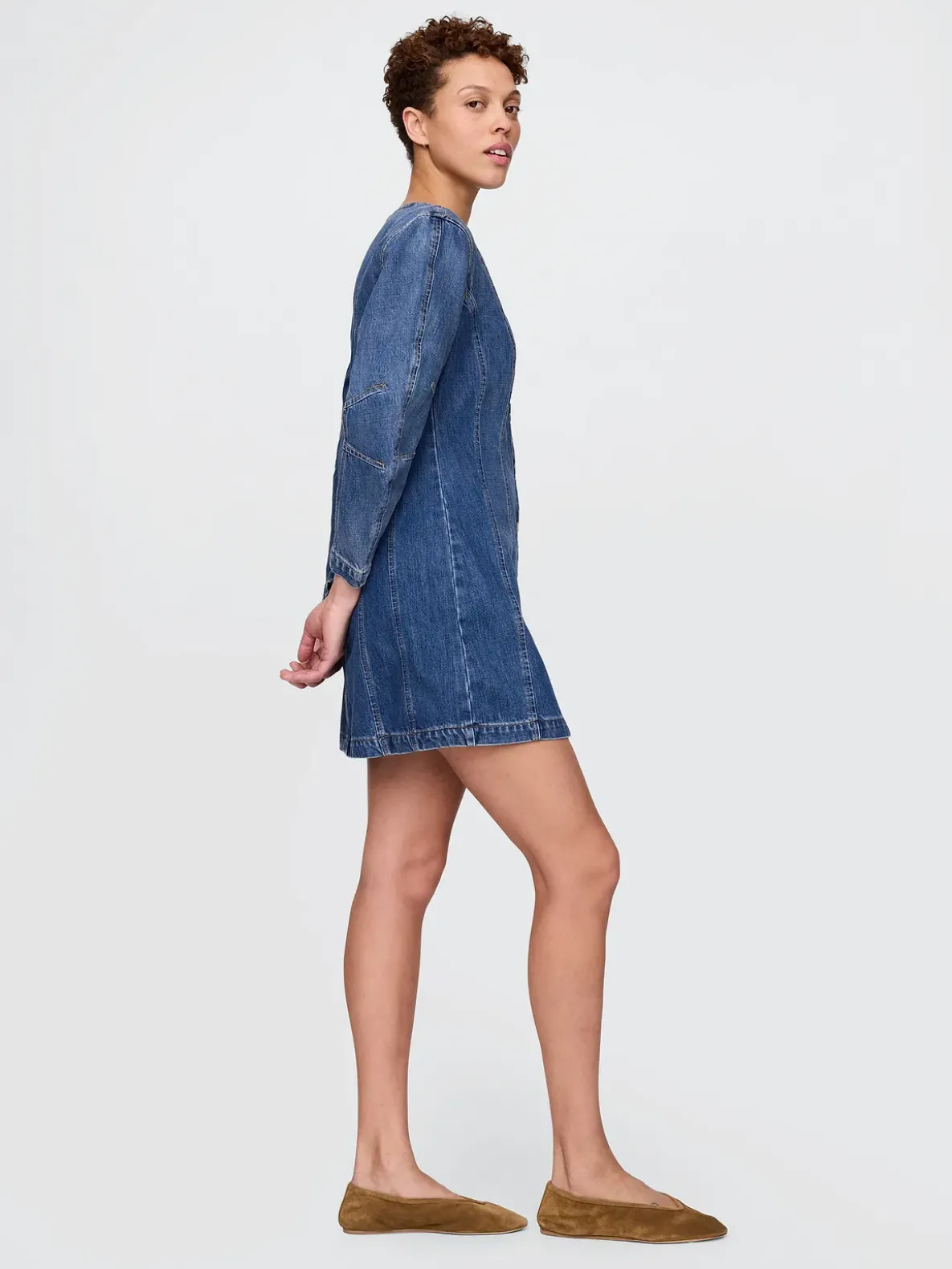 Denim Barrel-Sleeve Mini Dress