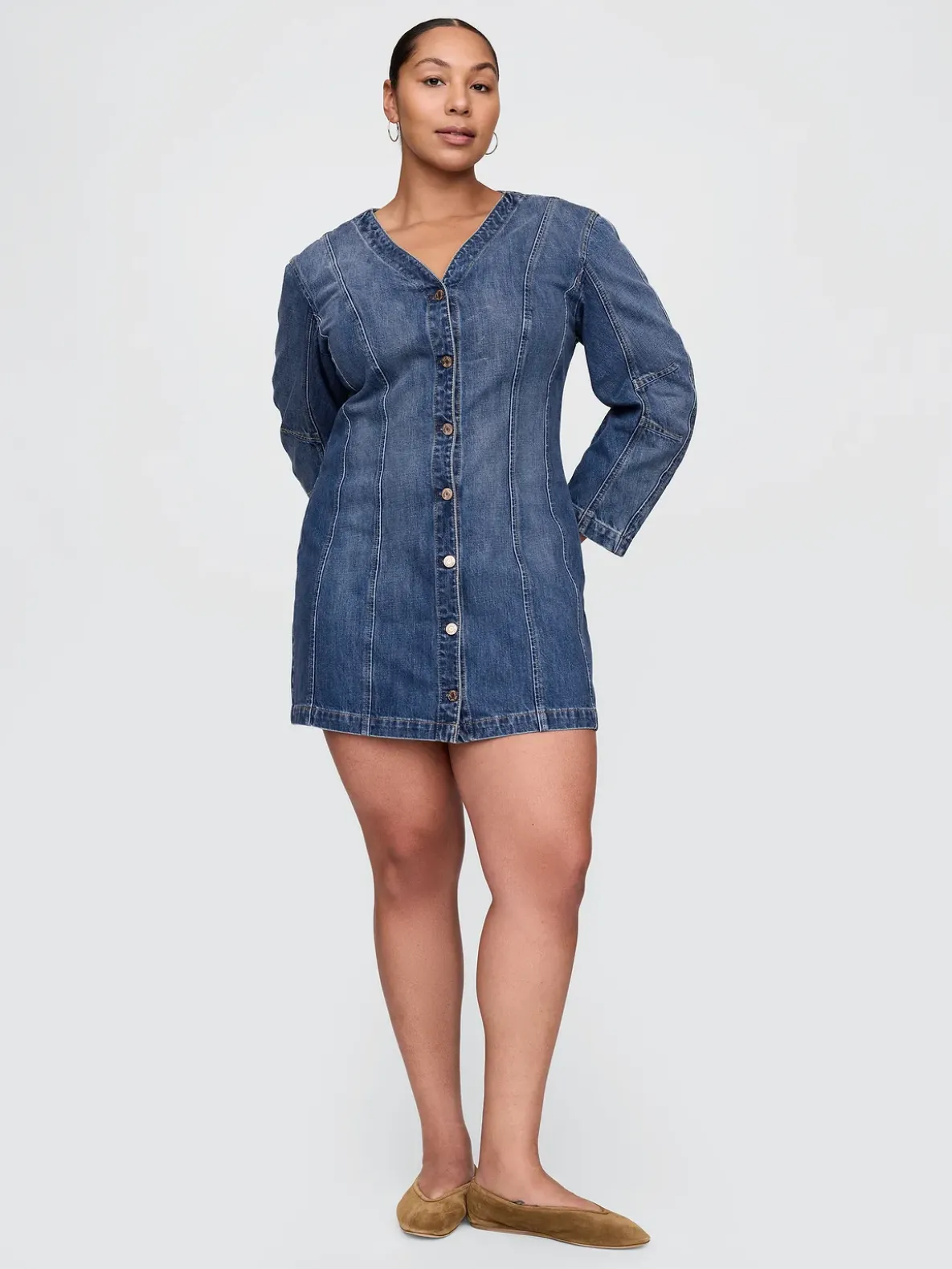 Denim Barrel-Sleeve Mini Dress