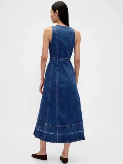 Denim Belted Button-Front Maxi Dress