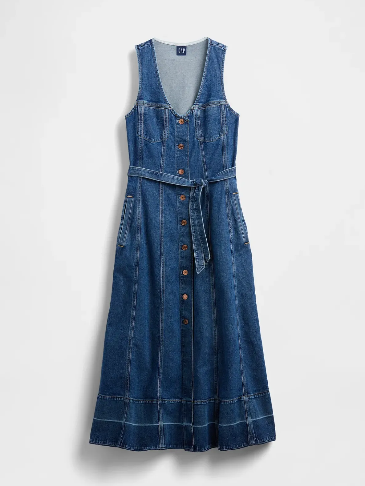 Denim Belted Button-Front Maxi Dress