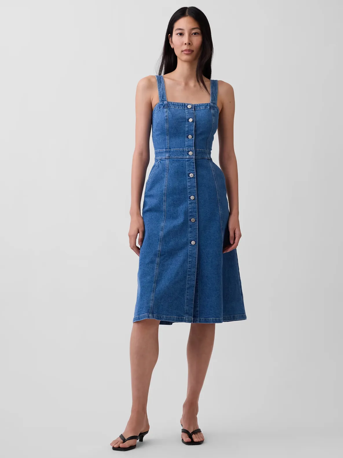 Denim Button-Front Midi Dress