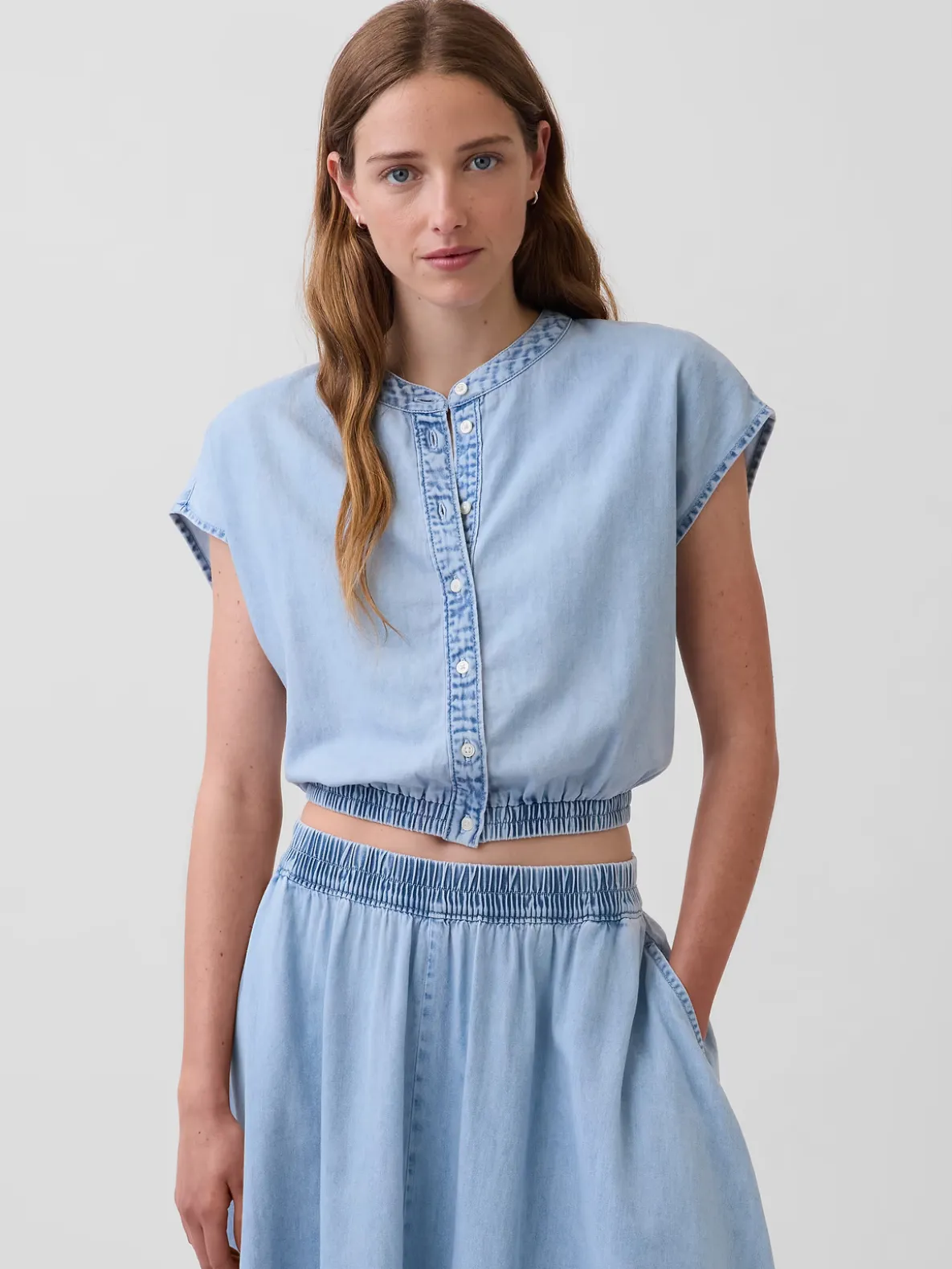 Denim Cap-Sleeve Crop Button-Front Top