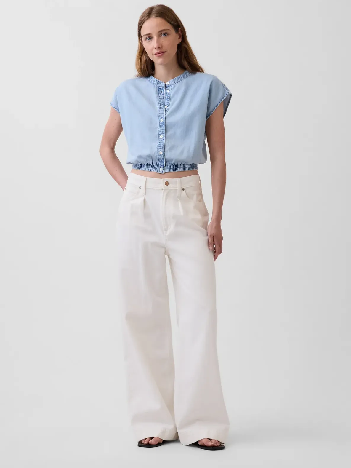 Denim Cap-Sleeve Crop Button-Front Top