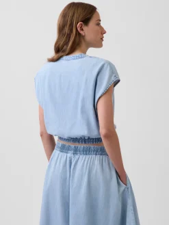 Denim Cap-Sleeve Crop Button-Front Top