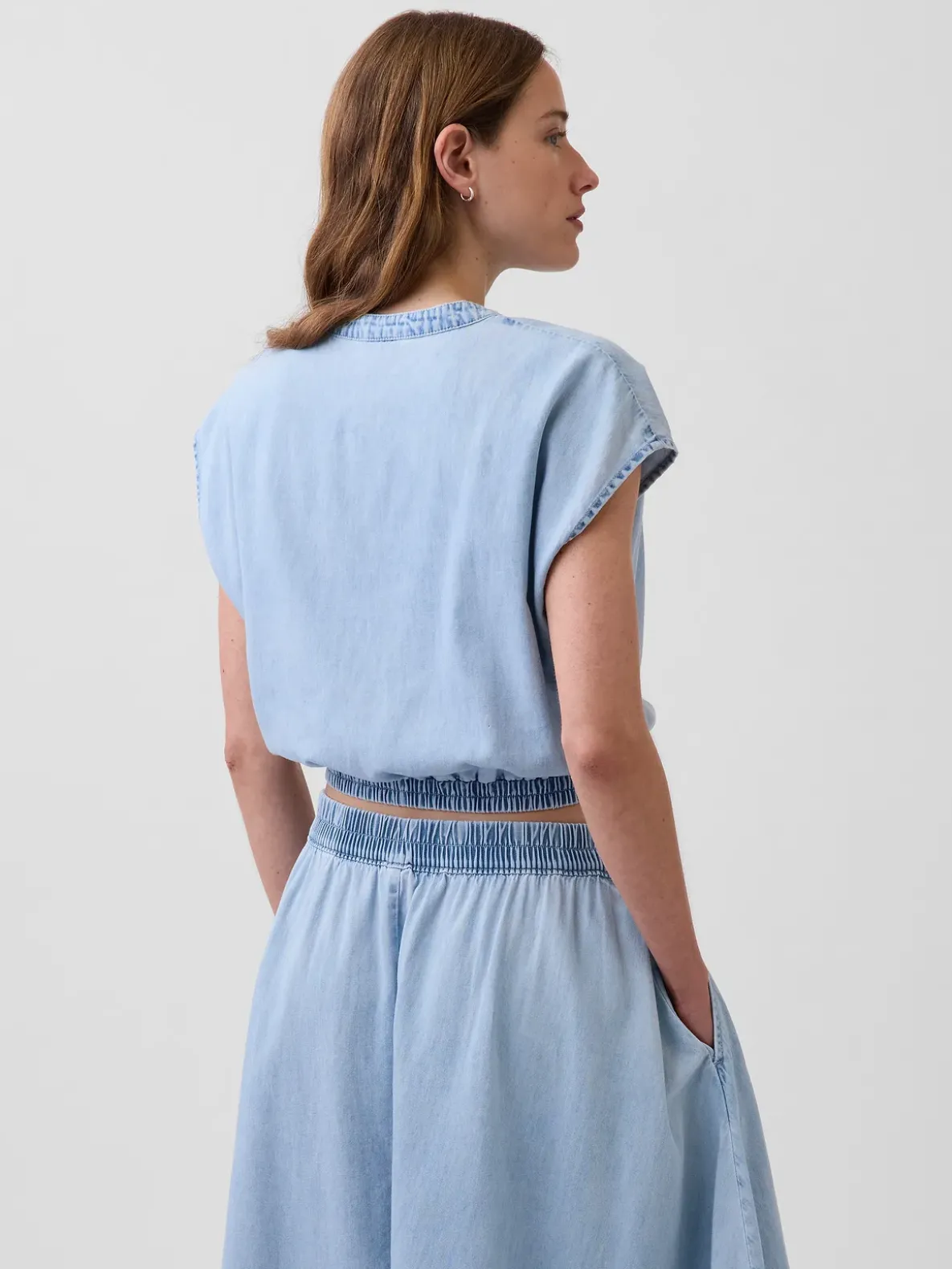 Denim Cap-Sleeve Crop Button-Front Top