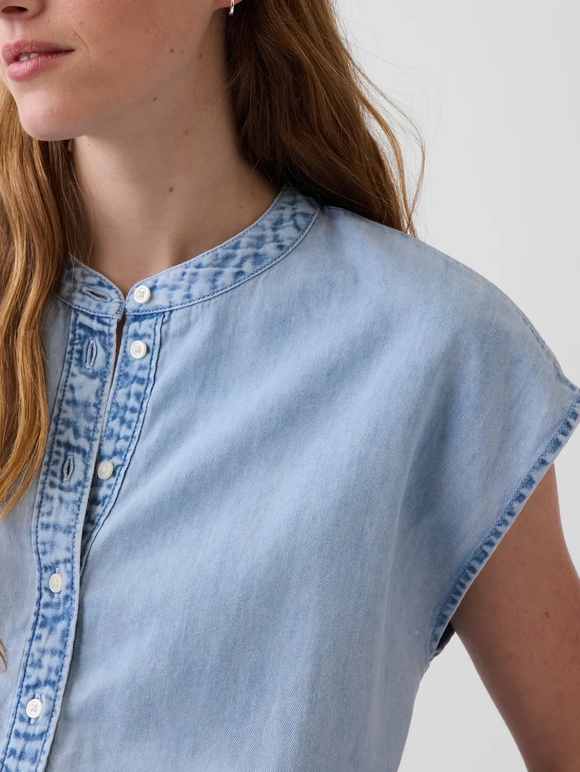 Denim Cap-Sleeve Crop Button-Front Top