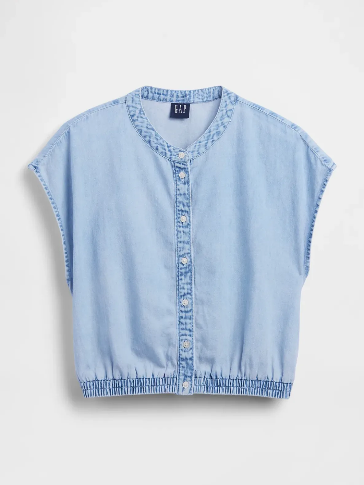 Denim Cap-Sleeve Crop Button-Front Top