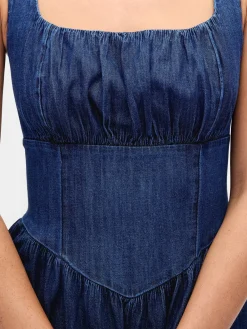 Denim Drop-Waist Corset Midi Dress