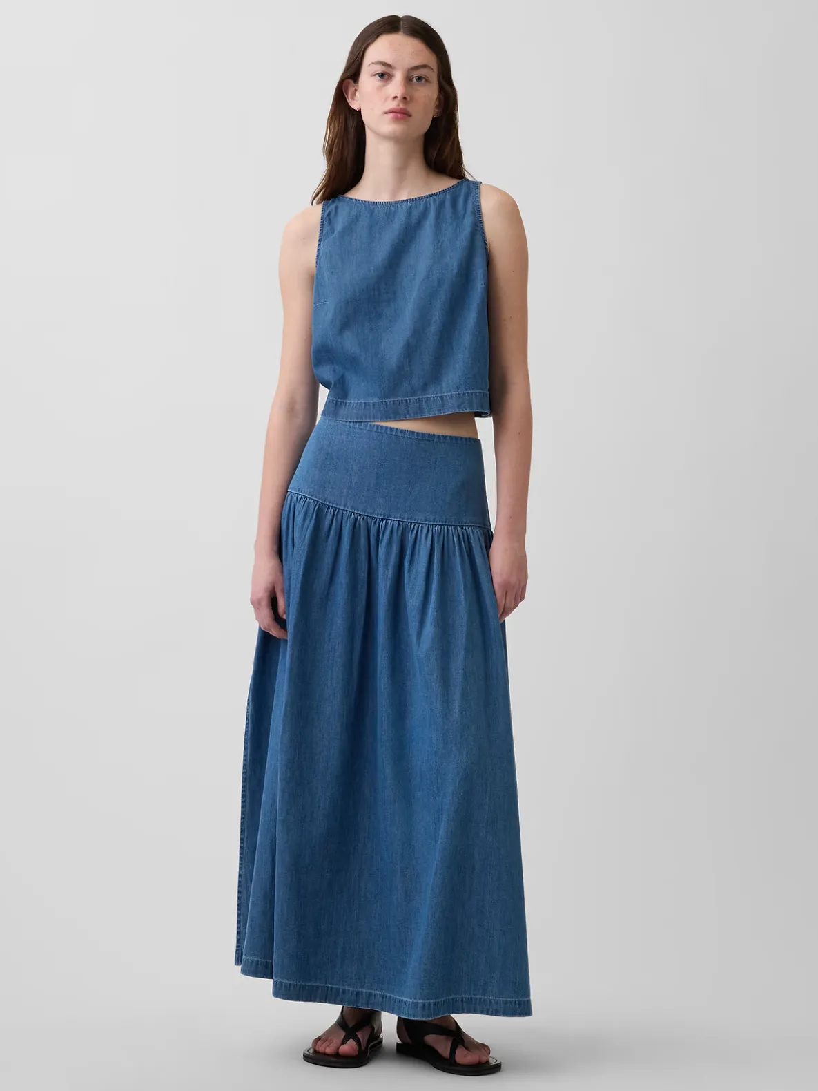 Denim Drop-Waist Maxi Skirt