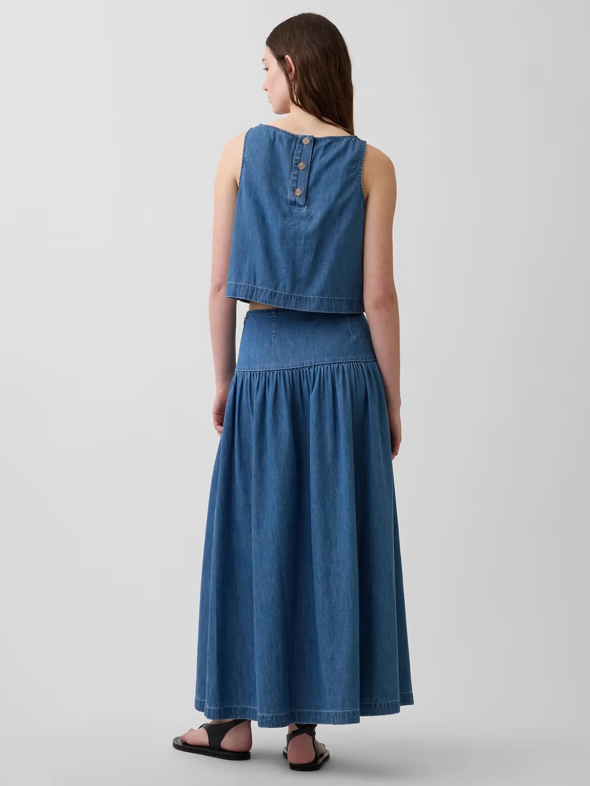 Denim Drop-Waist Maxi Skirt
