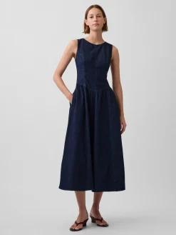 Denim Drop-Waist Midi Dress