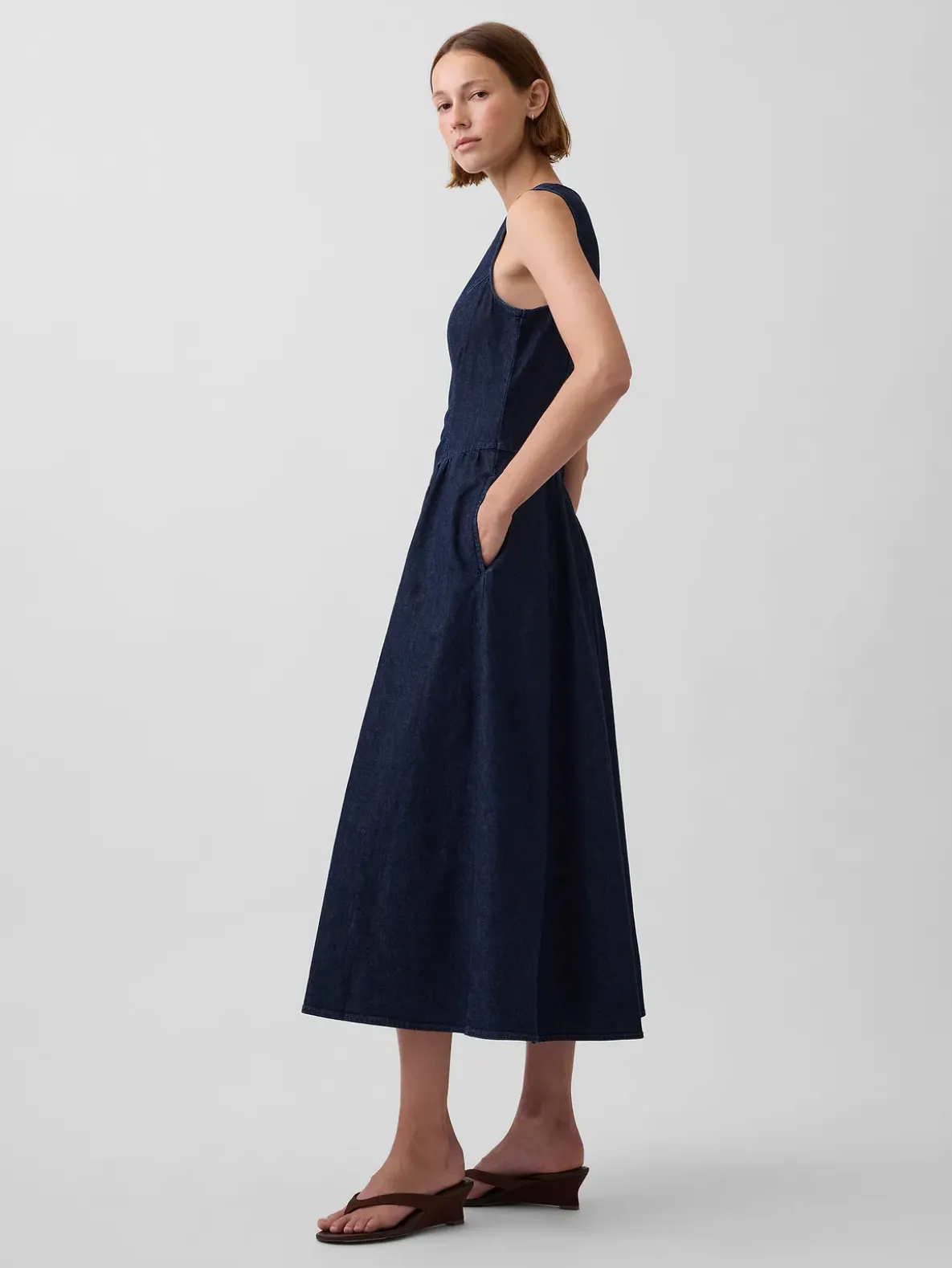 Denim Drop-Waist Midi Dress
