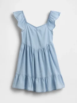 Denim Flutter-Sleeve Sweetheart Dress