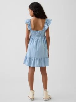 Denim Flutter-Sleeve Sweetheart Dress
