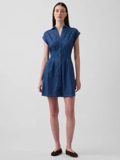 Denim Pleated Mini Shirtdress