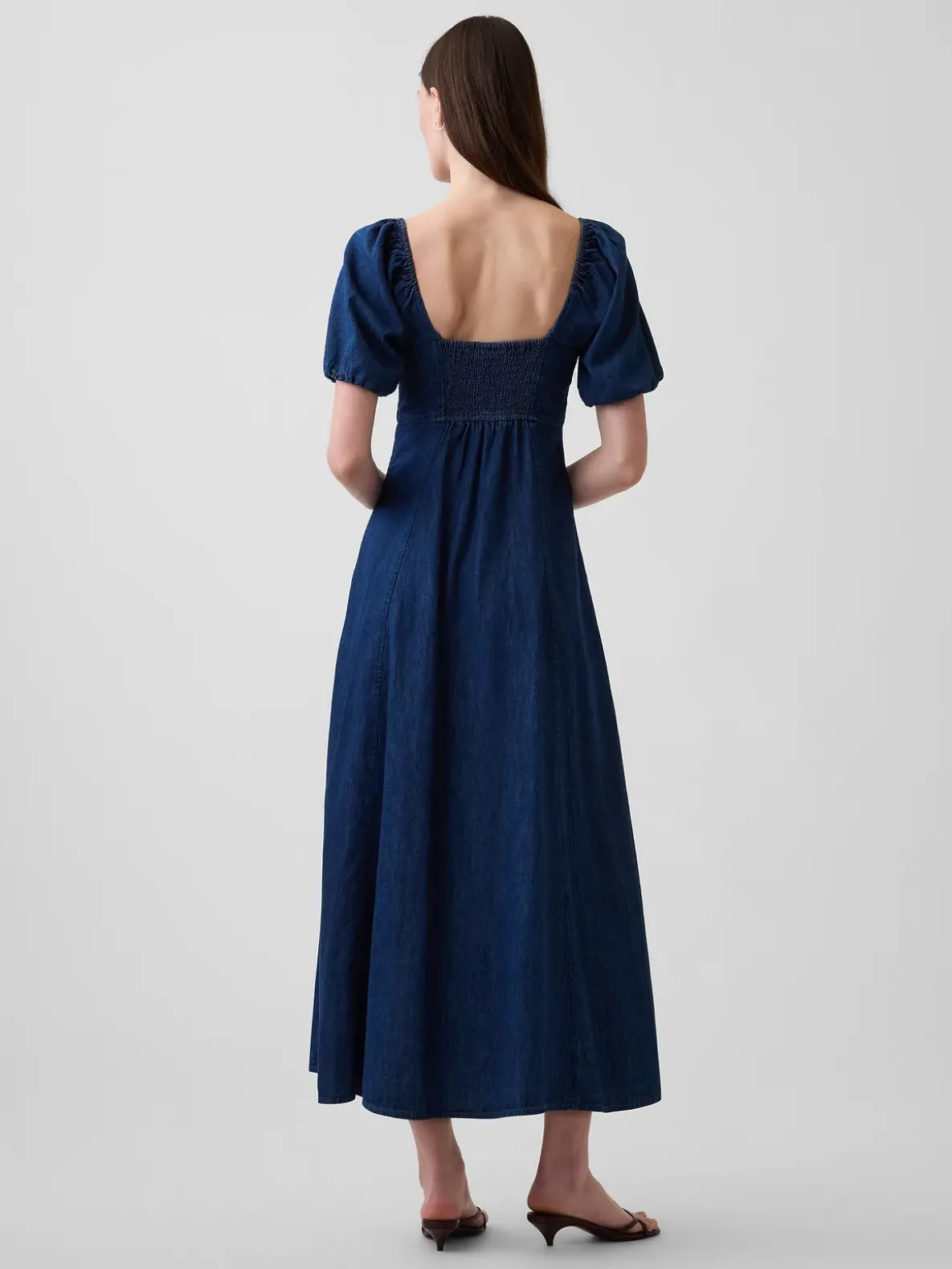 Denim Puff-Sleeve Button-Front Maxi Dress