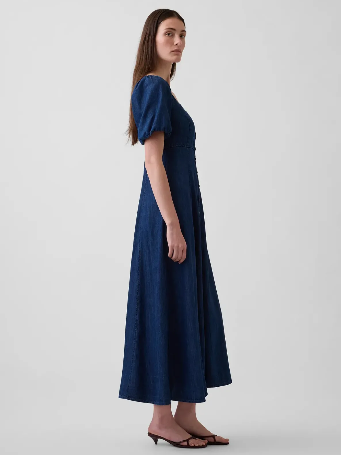 Denim Puff-Sleeve Button-Front Maxi Dress