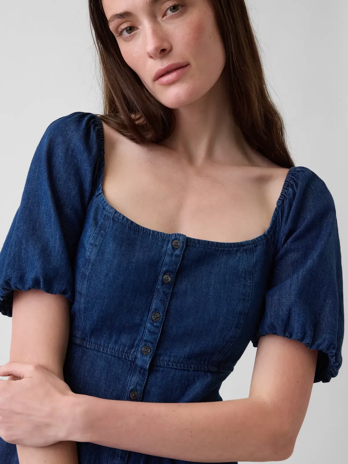 Denim Puff-Sleeve Button-Front Maxi Dress