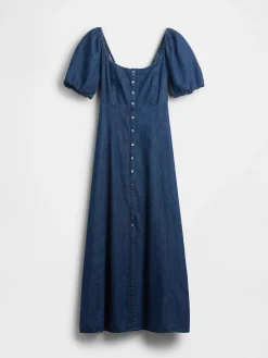 Denim Puff-Sleeve Button-Front Maxi Dress