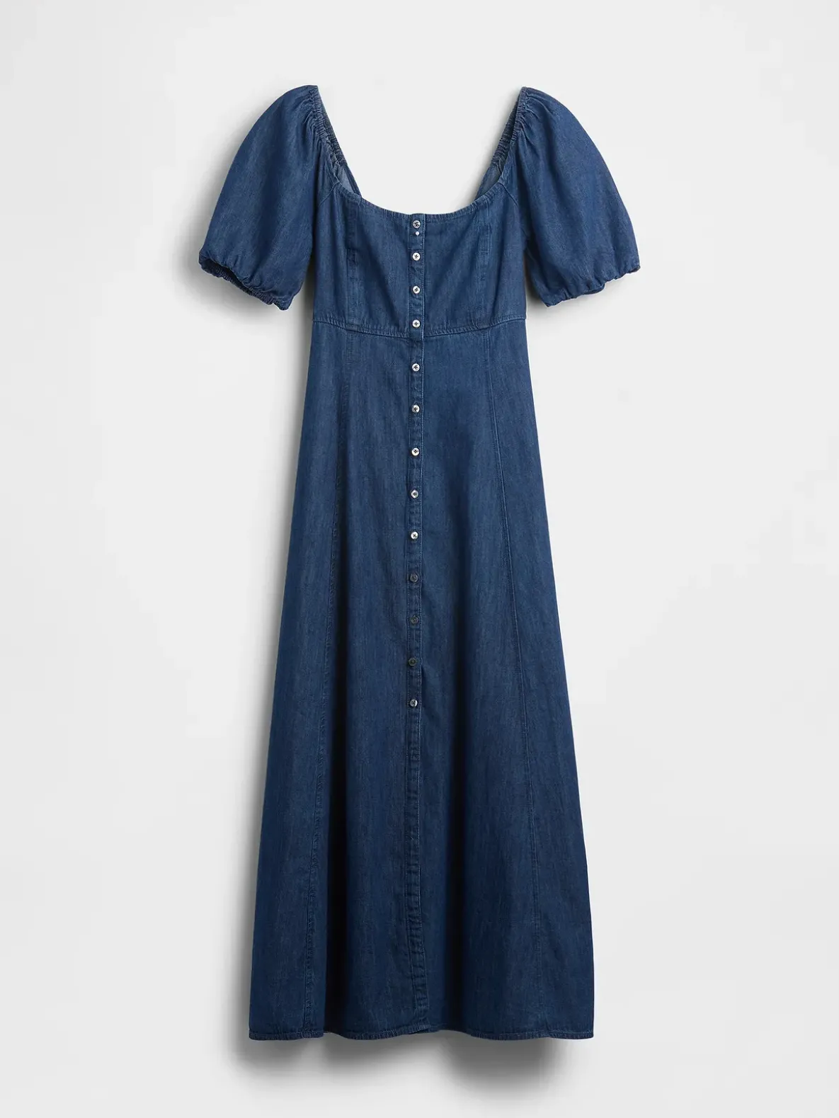 Denim Puff-Sleeve Button-Front Maxi Dress