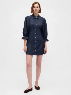 Denim Puff-Sleeve Seamed Mini Dress