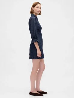 Denim Puff-Sleeve Seamed Mini Dress