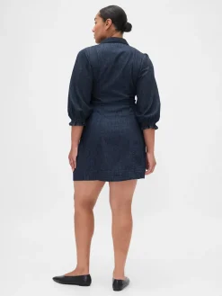 Denim Puff-Sleeve Seamed Mini Dress