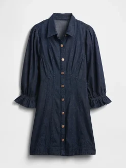 Denim Puff-Sleeve Seamed Mini Dress