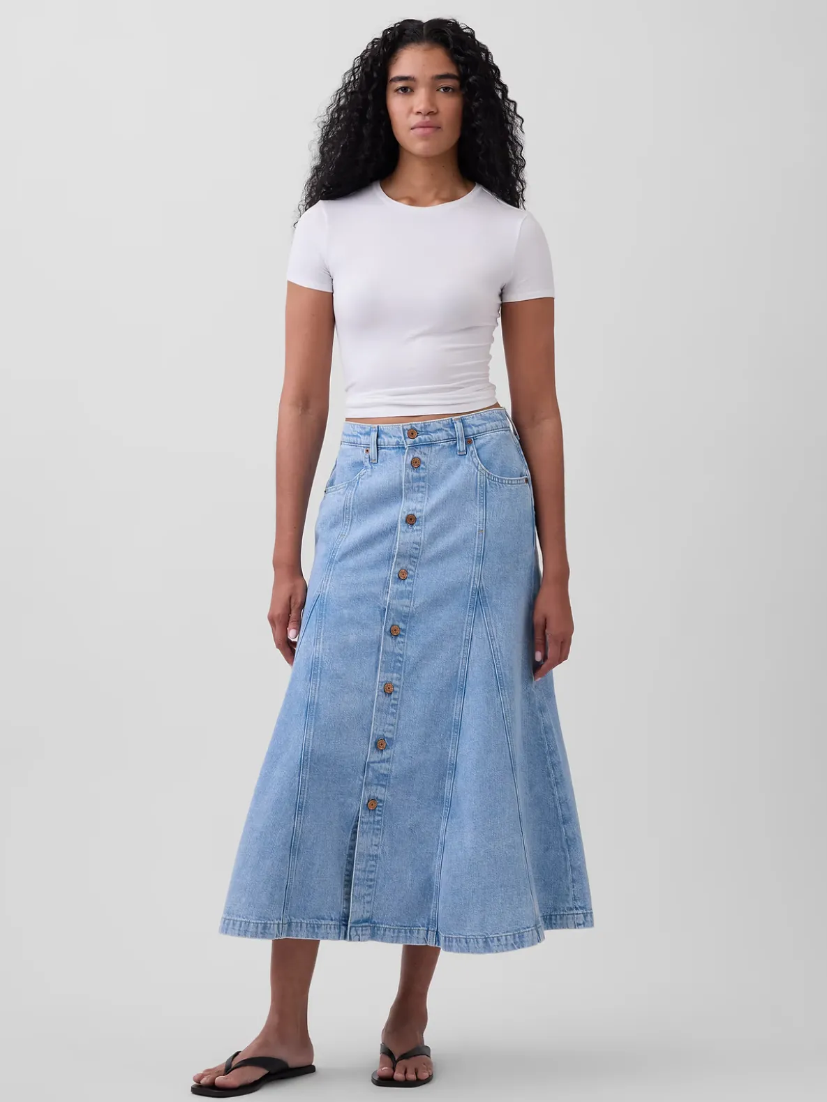 Denim Seamed Button-Front Maxi Skirt