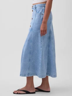 Denim Seamed Button-Front Maxi Skirt