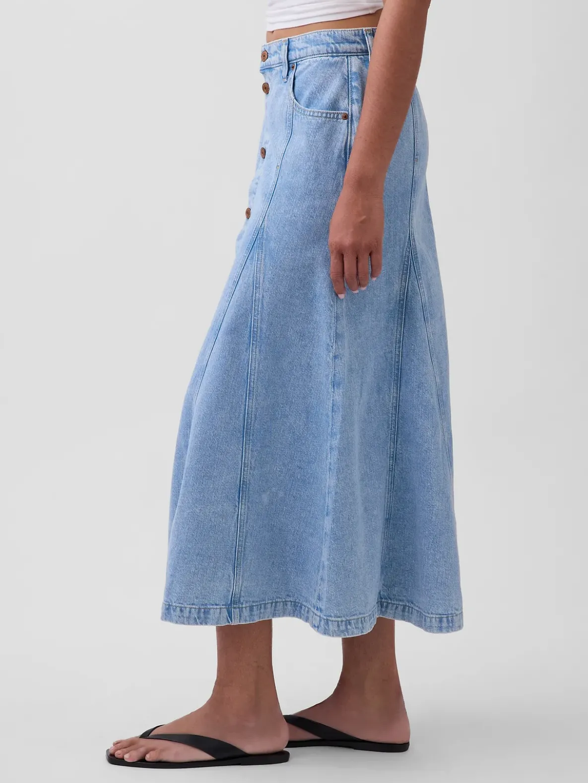 Denim Seamed Button-Front Maxi Skirt