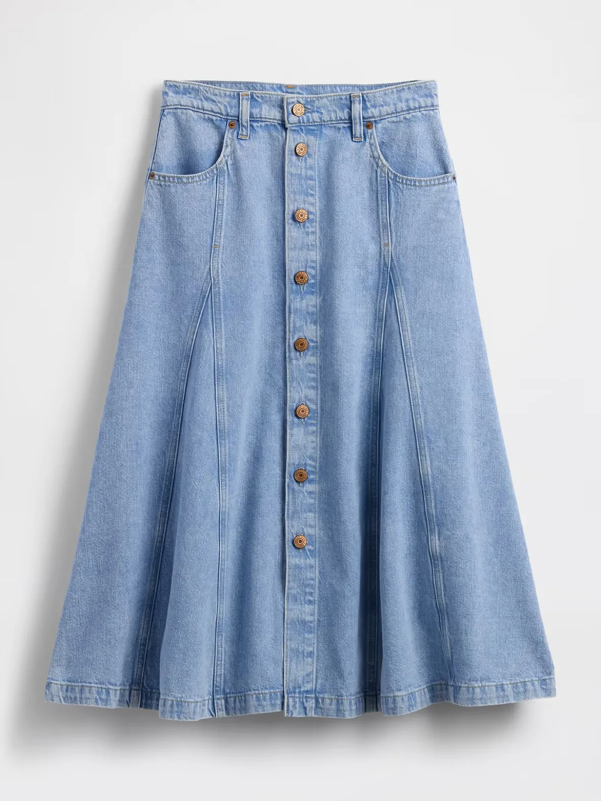 Denim Seamed Button-Front Maxi Skirt