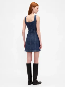 Denim Seamed Button-Front Mini Dress