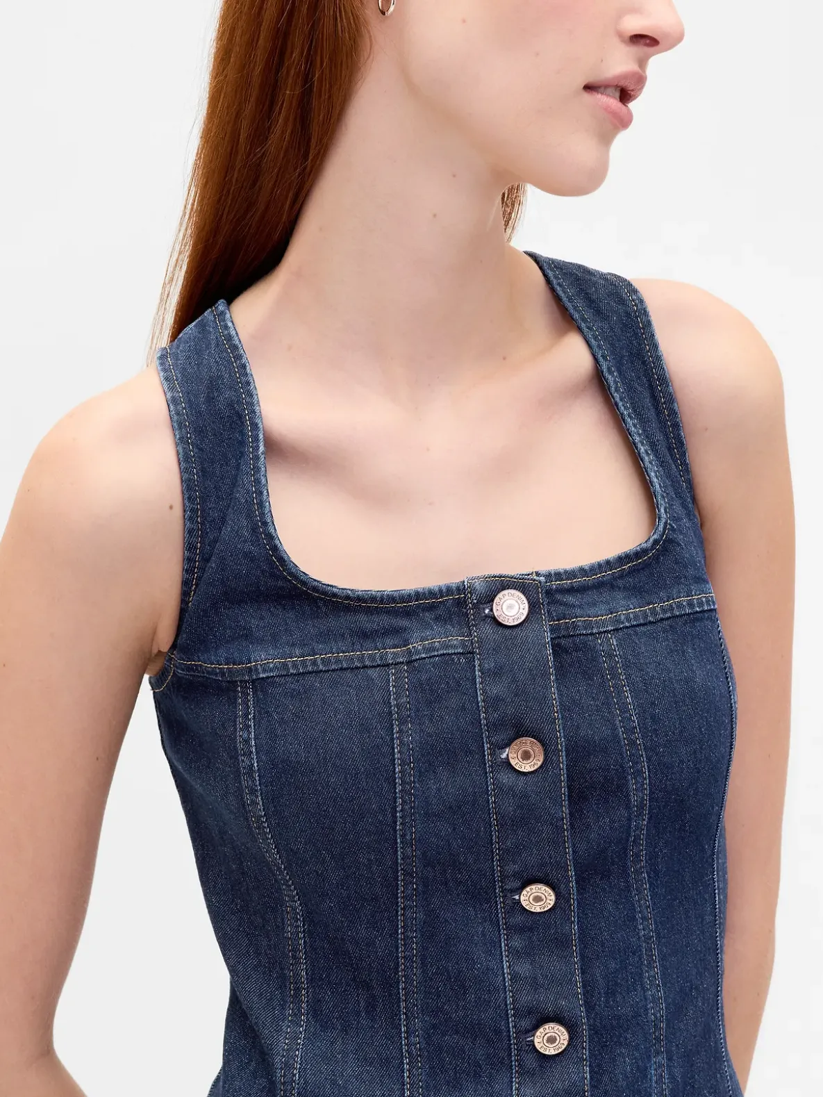 Denim Seamed Button-Front Mini Dress