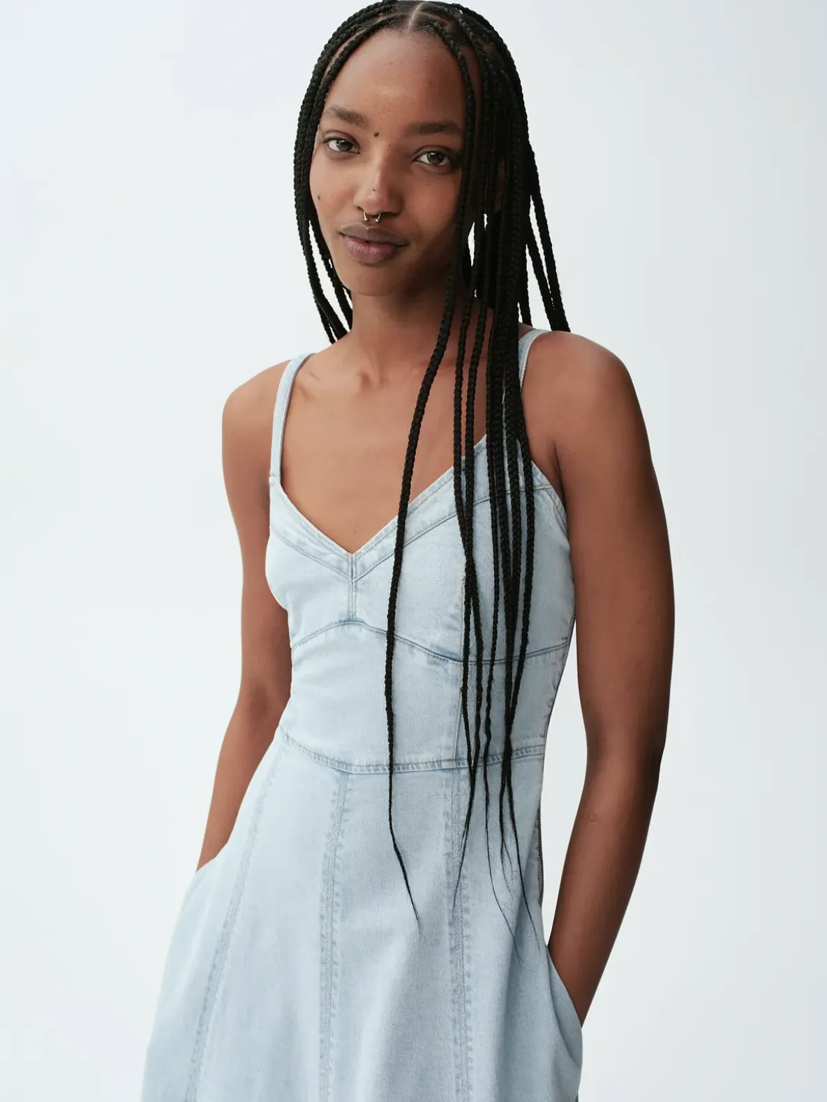 Denim Seamed Corset Maxi Dress