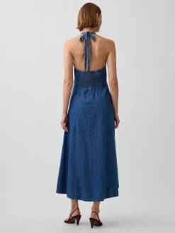 Denim Seamed Halter Maxi Dress