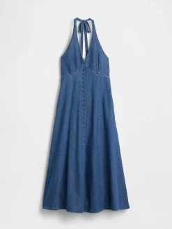 Denim Seamed Halter Maxi Dress