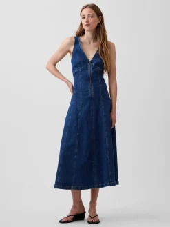 Denim Seamed Zip-Front Midi Dress