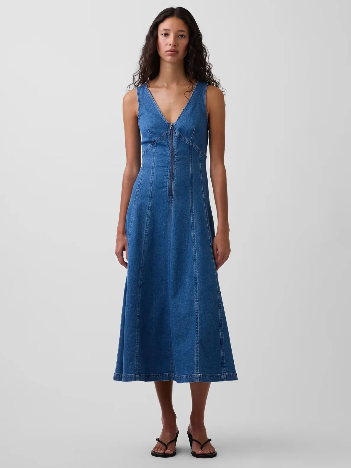 Denim Seamed Zip-Front Midi Dress