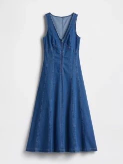 Denim Seamed Zip-Front Midi Dress