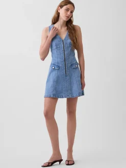 Denim Seamed Zip-Front Mini Dress